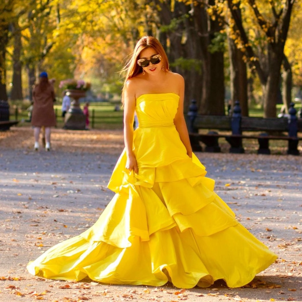 Mac Duggal 48884H Strapless Yellow Ruffle Tiered Ball Gown